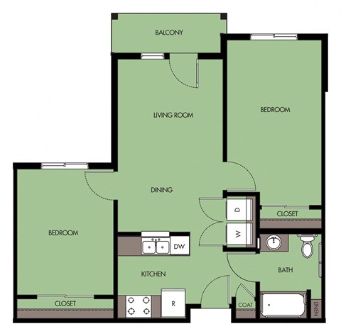 Floor plan for 2 beds, 1 bath, 817 sqft